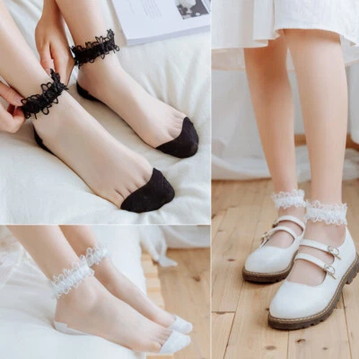 1 par de meias curtas femininas ultrafinas transparentes de malha de renda elástica no tornozelo ✨ ~ - Imagem 1 de 4