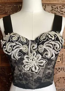 Vintage Black Bustier Corset Beaded Romantic Goth 90s Altered Ribbon Straps - Picture 1 of 4