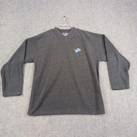 Detroit Lions Sweater Mens Large The Edge 2000 Fleece Gray Long Sleeve V Neck Cover
