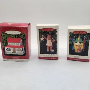 Hallmark Lot of 3 Vintage Keepsake Ornaments - Crayola AA Girl Tin House - Picture 1 of 7