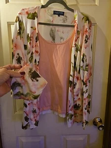 Jones New York Pink Roses Floral Open Cardigan Spring Tank Long Sleeve Large - Picture 1 of 9
