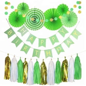 Green Birthday Banner Paper Fan Tassel Dino Forest Kit - Picture 1 of 4