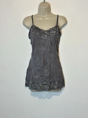 Y2K Tank Top Large Gray Lace Trim Cami Crinkle Fairy Whimsigoth - Image 1 of 4