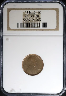 1914 D Lincoln Wheat Cent NGC VF30 BN - BEAUTIFUL SCARCE WHEAT CENT!! - Image 1 of 3