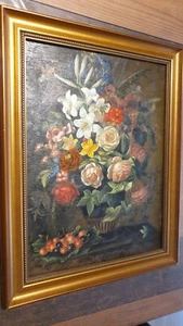 Öl Gemälde original auf Holz Blumen  Rahmen Goldfarben - Bild 1 von 16