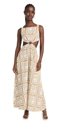 Hansen + Gretel Paros maxi dress in a gold and white geometric print Medium   - Image 1 of 4