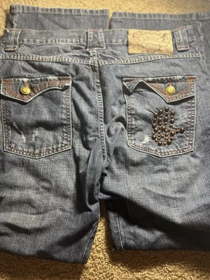 Pantalones de mezclilla bordados Miskeen para hombre talla 38 vintage hip hop ropa de calle holgados Y2K Foto 1 de 4