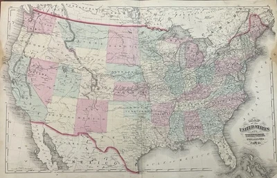 Mapa a color de 1872 de Estados Unidos con territorio indio de Oklahoma y solo Dakota Foto 1 de 4