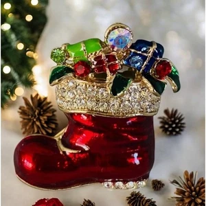 New Enamel Crystal Santa Claus Boot & Gifts Christmas Holiday Xmas Pin Brooch - Picture 1 of 3