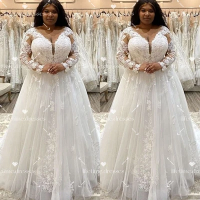 African Wedding Dresses Elegant Long Sleeves V Neck Lace up Bridal Gowns - Image 1 of 4