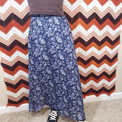 Повседневный угловой приложение 90-х винтажный цветочный высокая талия длиной макси складки юбка sz S - Изображение 1 из 4