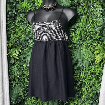 ZARA Dress Women Large Black Beige Mini Linen Blend Crotchet Boho 2227 - Image 1 of 4