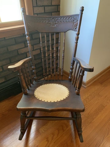 Original Antique Oak Armed Pressed back Rocker Chair - Leather Seat Insert Cover