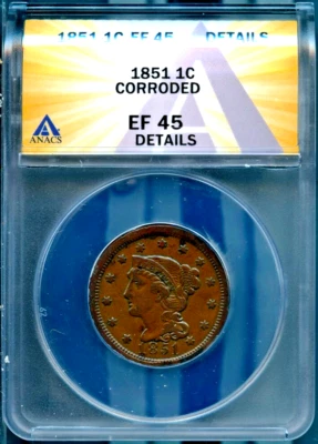 1851 1c Braided Hair Large Cent XF 45 Details ANACS # 7880531 + Bonus - Image 1 of 2