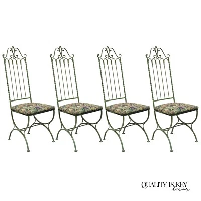 Juego de 4 sillas de comedor vintage góticas de hierro forjado verde estilo Hollywood Regency Foto 1 de 4