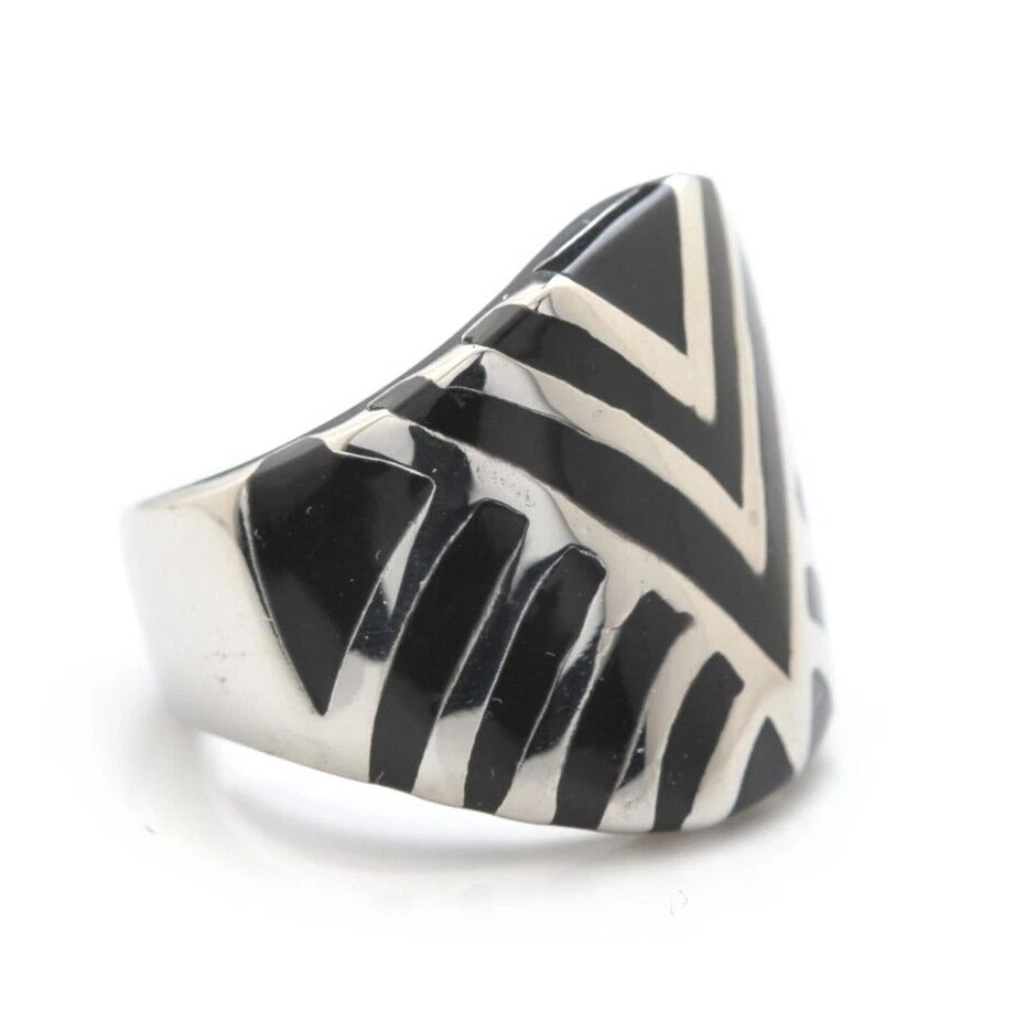 316L Stainless Steel Black Enamel Cigar Band Striped Ring - Image 1 of 1