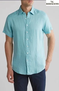 RODD & GUNN NWT $168 GREY LYNN TURQUOISE LINEN S/S SPORT FIT SHIRT. SIZE M - Picture 1 of 8