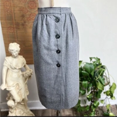 Falda lápiz Valentino Vintage Diseñador Años 80 Lana Gris Lana Botón Pequeña 6 Foto 1 de 4