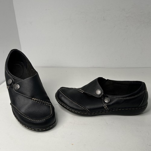 Mocassini donna Clarks Ashland Q con cinturino e bottoni taglia 8 5 pelle nera nuovi