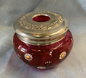 Antique Cranberry Enamelled Castor Hand Painted Flowers Stirling Lid - Picture 1 of 9