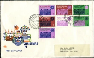Australia 1971 edición de Navidad bloque de 7 cubierta real de primer día con dirección, GC - Imagen 1 de 1