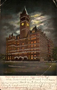 Alte Postkarte Post bei Nacht Washington D.C. glitzernd verschickt 1907 - Bild 1 von 2