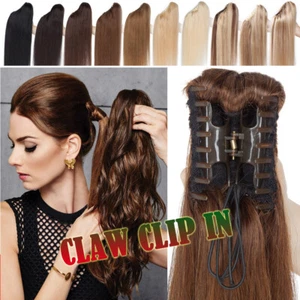 Ponytail Hair Claw Clip On 100% Remy Human Hair Extensions Brazilian Corn Wave A - Picture 1 of 82