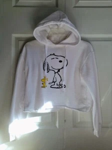 White Cropped Peanuts Snoopy and Woodstock Drawstring Hoodie - Picture 1 of 4