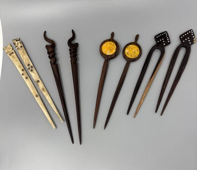 Vintage Asian Style Brown Ebony Wood Hair Pick Sticks Lot Of 8 - Image 1 of 4