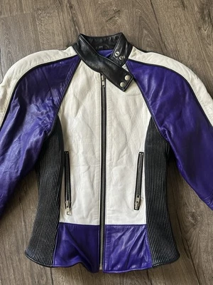 Michael Hoban North Beach Leather Moto Jacket Purple Checkered Black/white 3/4 - Image 1 of 4