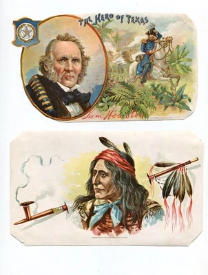Par de etiquetas de caja de cigarros; "El héroe de Texas", Sam Houston y un nativo americano Foto 1 de 4