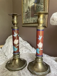 Vintage Cloisonne Enamel Inlay Brass Candlestick Set Chinese Floral Design 10” - Picture 1 of 4