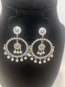 JOAN RIVERS HOOP CHANDELIER EARRINGS Silver Tone BEAUTIFUL PIERCED Crystals Pear - Picture 1 of 2