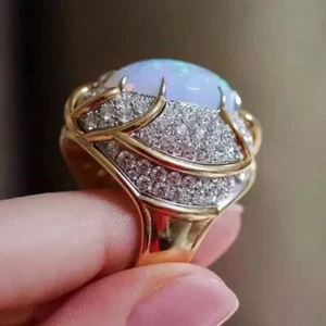 2.10Ct Oval Cut Lab Created Fire Opal Halo Wedding Ring 14K Yellow Gold Plated - Picture 1 of 5