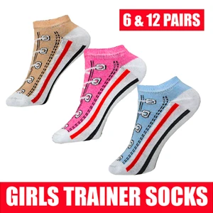 Girls Trainer Socks Kids 6-12 Pairs Look Like Shoe Ankle Shoe No Slip Liners - Picture 1 of 7