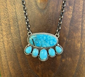 Navajo 925 Sterling Silver Turquoise Chain Necklace P Yazzie. 20 Inch - Picture 1 of 12