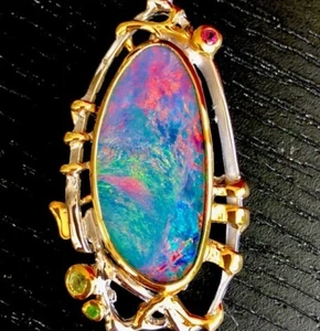 Maharaja Festival Estate Pink Teal Australian Boulder Opal Pendant Necklace - Picture 1 of 23