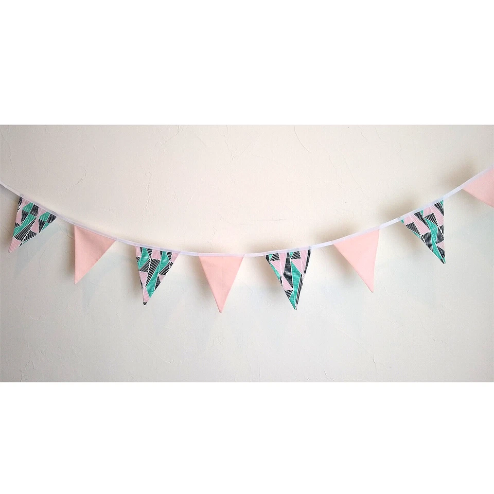 Pink Teal FLAG BUNTING Cotton - 2 Yards / 8 Flags Nursery Party Baby Photo Boho - Image 1 of 4