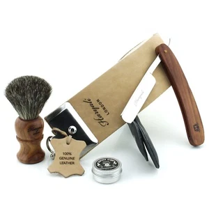Haryali Mens Wooden Shaving Kits Sets Badger Brush Cut Throat Straight Razor - Picture 1 of 10