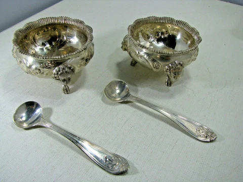 Presentation Set of Gorham c. 1858 Coin Silver Salt Cellars w 1855 Gorham Spoons Cover