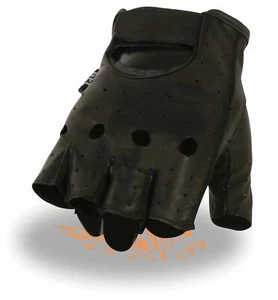Mens Unlined Perforated Riding Fingerless Butter soft Leather Gloves Gel Palm  - Picture 1 of 2