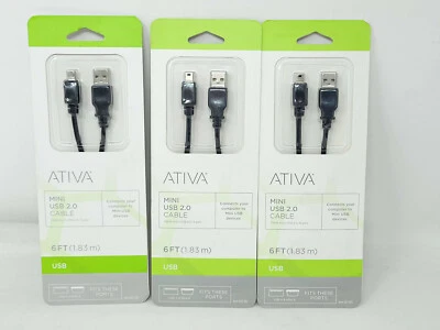 Lot 3x ATIVA Mini USB 2.0 6 FT Cable New High Speed Data Transfer -  NEW - Image 1 of 3
