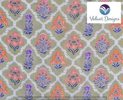 Tela beige con estampado de bloques artesanal de algodón indio de 20 yardas Foto 1 de 4