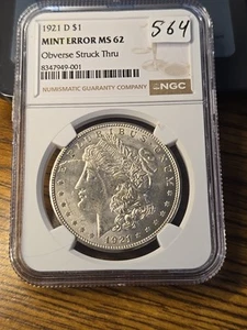 1921 D Ms 62 Mint Error Obverse Struck Through Ngc Morgan - Picture 1 of 2