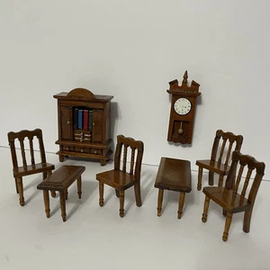 Dollhouse Miniature Wood Furniture 1:24 W/ 12 Pieces Books Chairs Tables Clock - Picture 1 of 18
