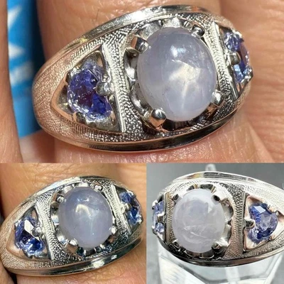 ANILLO PARA HOMBRE 2,35 QUILATES ESTRELLA ZAFIRO + TANZANITA PLATA .925 SIN TRATAR TALLA 11,5, 4GR Foto 1 de 4