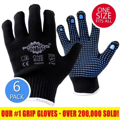 6 PAIRS Work Grip Gloves Seamless Lightweight Black Nylon Blue PVC Dots POWCOG