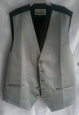 moda formal wear mens medium m silver gray suit tux vest rouched back elastic - Image 1 of 4