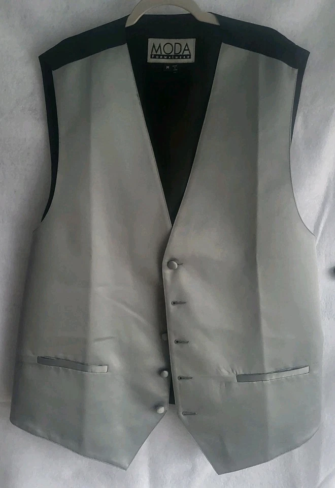 moda formal wear mens medium m silver gray suit tux vest rouched back elastic - Image 1 of 4