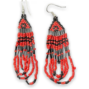 Handmade Red Black Beaded Dangle Earrings Boho Tribal Style - Picture 1 of 3